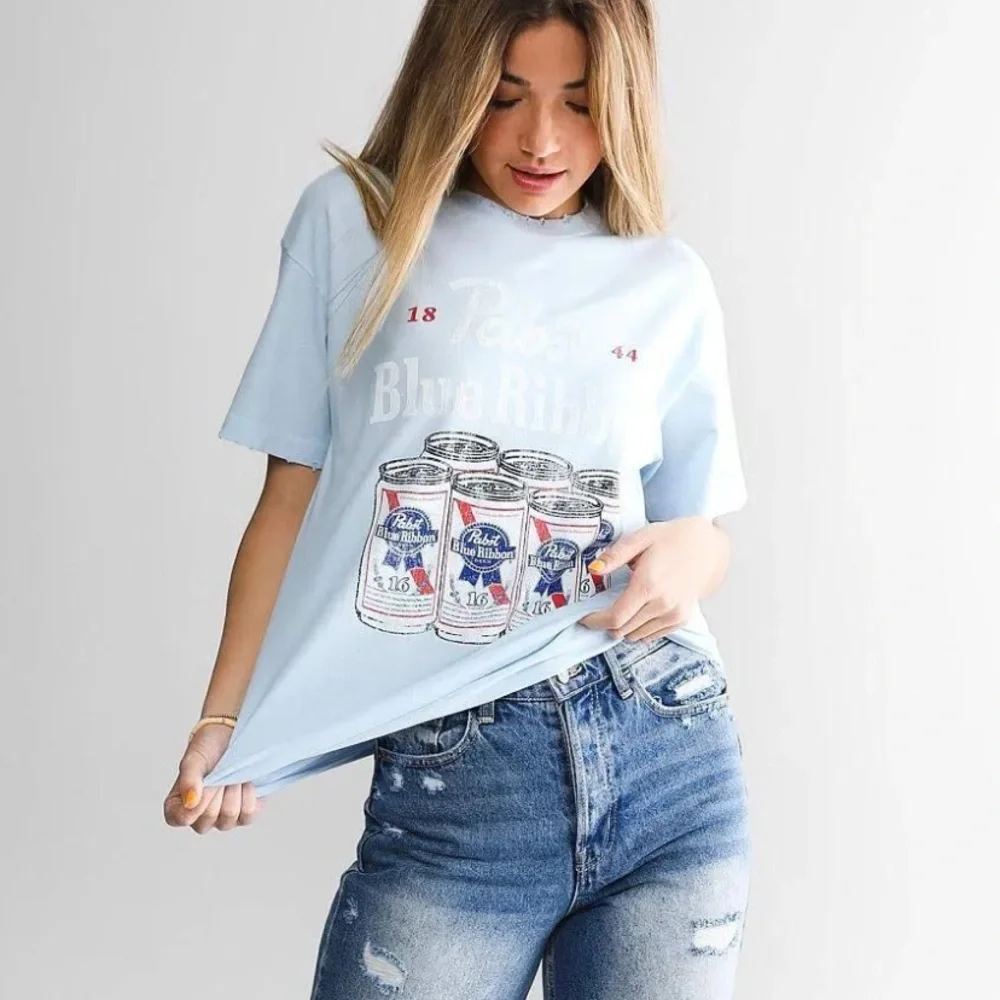 PABST BLUE RIBBON Light Blue Distressed Tee - Picture 1 of 6